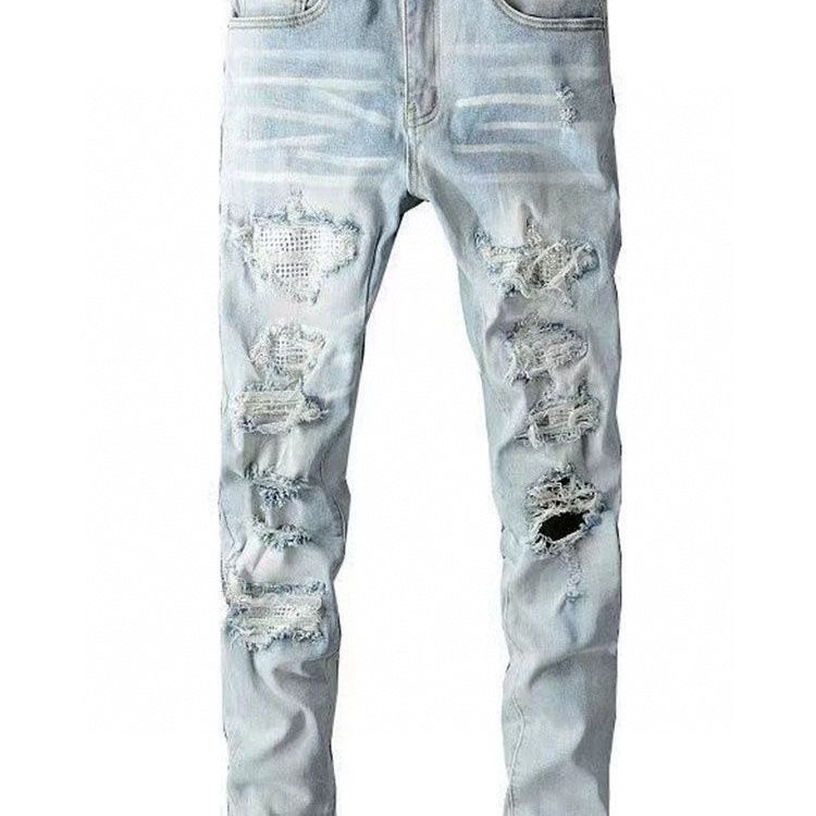 Men's Clothing Style Blue Distressed Jeans With Rhinestone Embellishments - Slim Fit Stretch Denim Pants For Streetwear Fashion_mkmklike.com