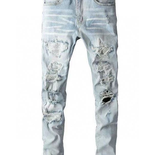 Men's Clothing Style Blue Distressed Jeans With Rhinestone Embellishments - Slim Fit Stretch Denim Pants For Streetwear Fashion_mkmklike.com