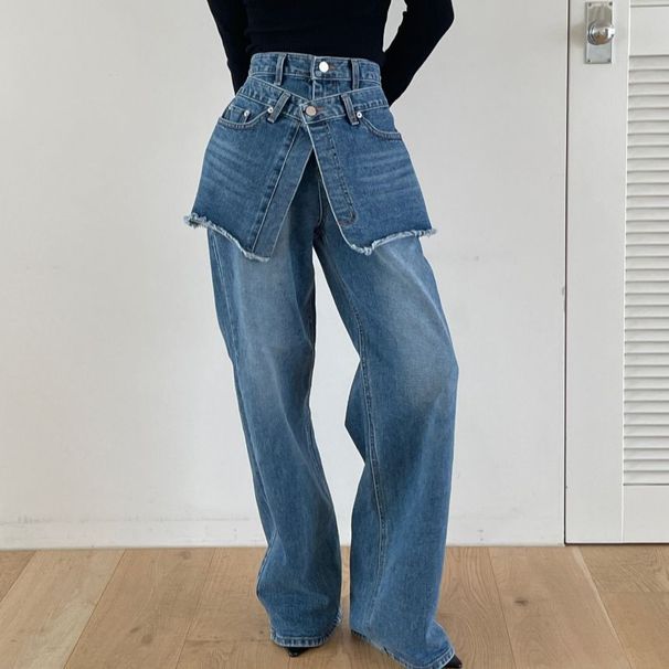 Women’s Clothing South Korea Dongdaemun autumn and winter new retro washed old dark design stitching with waistband jeans_mkmklike.com