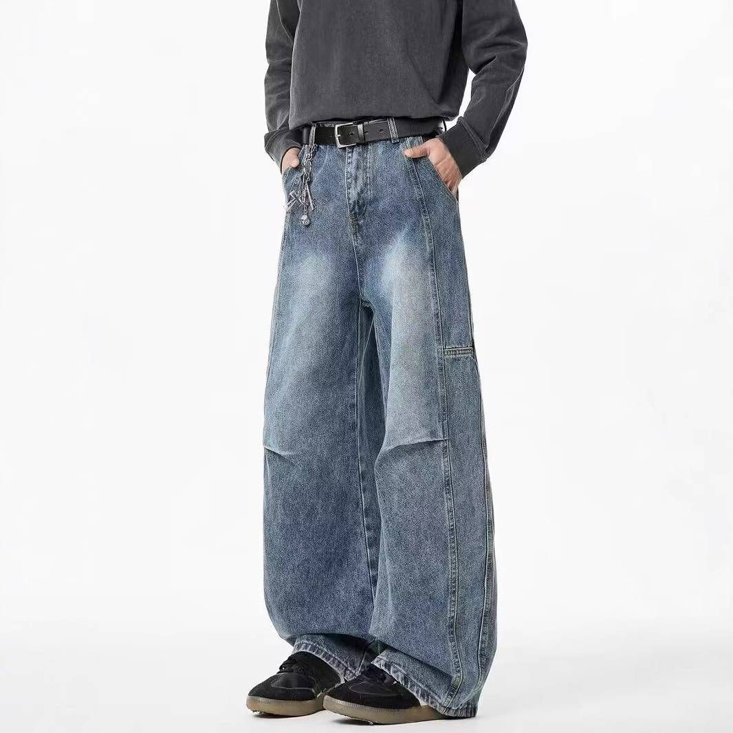 Men's Clothing Retro Pleated Washed Jeans For Men And Women Deconstructed Wide Leg Scimitar Pants Loose Straight Leg Versatile Casual Pants Trend_mkmklike.com