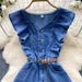 Women's Clothing Retro Design V Neck Ruffle Stitching Single Breasted Waist Slimming Temperament Knee Length Denim Dress_mkmklike.com