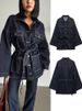 Women's Clothing Retro Indigo Blue Denim Jacket With Waist Cinching Belt Loose Long Sleeve Casual Fashion For Spring_mkmklike.com