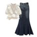 Women's Clothing Temperament Slim Ruffled Short Sleeved Denim Skirt Two Piece Suit_mkmklike.com