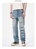 European Style Men's Trendy Jeans Patchwork Embroidery Ripped Distressed Details Straight Leg Loose Fit High End Cool Individualistic_mkmklike.com