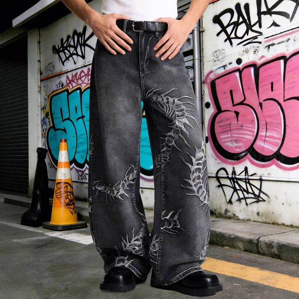 Men's High Street Style Spring/Summer Jeans Centipede Embroidery Loose Casual Wide Leg Pants_mkmklike.com