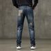 Men's American Style Patchwork Jeans Trendy Brand Retro Distressed Loose Straight Leg Casual Trousers mid Waist Zipper Fly Blue_mkmklike.com