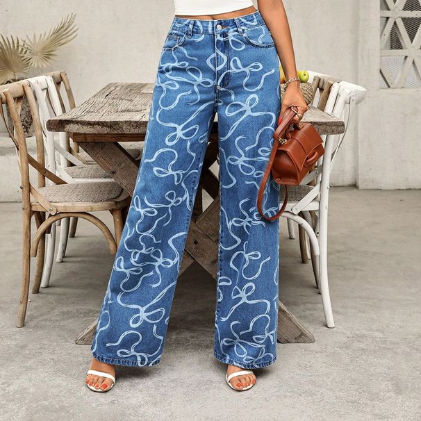 Women's Casual Loose Fit Washed Denim Wide Leg Pants With Print - Comfortable Cotton Blend High Waist Trousers For Everyday Wear (Blue, XS/S/M/L/XL)_mkmklike.com
