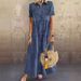 Retro Women Dresses 2025 Short Sleeve Turn Down Collar Pockets Button Long Loose Denim Dress Summer Long Dress_mkmklike.com