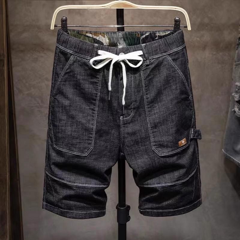 Men's Clothing Summer Ripped Denim Shorts Men's Loose Trendy Casual Elastic Waist Drawstring Thin Shorts Shorts_mkmklike.com
