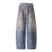 American Style 3D Digital Print Bear Chain Jeans For Men And Women, Designed Washed Wide-Leg Couple Straight Pants_mkmklike.com