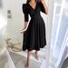 Women's Clothing solid color V neck waist bubble three quarter sleeves swing dress long_mkmklike.com
