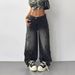 Women's High-Waisted Loose Fit Straight Leg Jeans With Star Embroidery - Trendy Streetwear Denim Pants For Casual & Chic Style_mkmklike.com