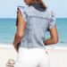 Women's Light Blue Denim Jacket Ruffled Sleeves Button Down Casual Short Sleeve For Spring Summer_mkmklike.com
