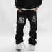 Retro Hip-Hop Print Denim Pants – Oversized Streetwear Jeans With Graffiti Art & Distressed Wash (S-XXXL, Polyester, Drop-Crotch, Unisex Urban Style)_mkmklike.com