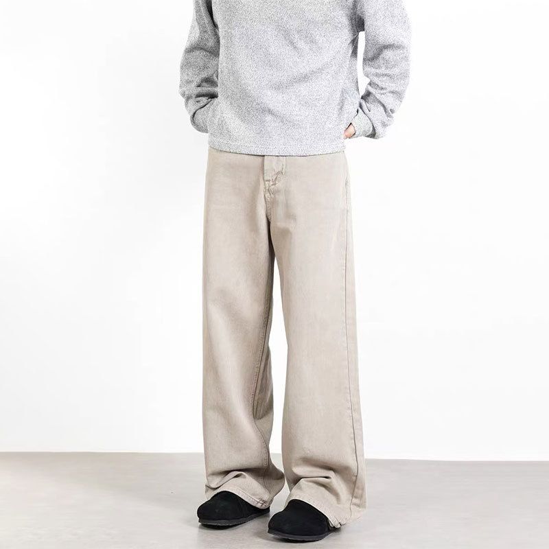 Men's Clothing Vintage Washed Cotton Straight Leg Jeans For Men And Women - Relaxed Fit, High Waist, Clean Aesthetic (Beige, S/M/L/XL)_mkmklike.com