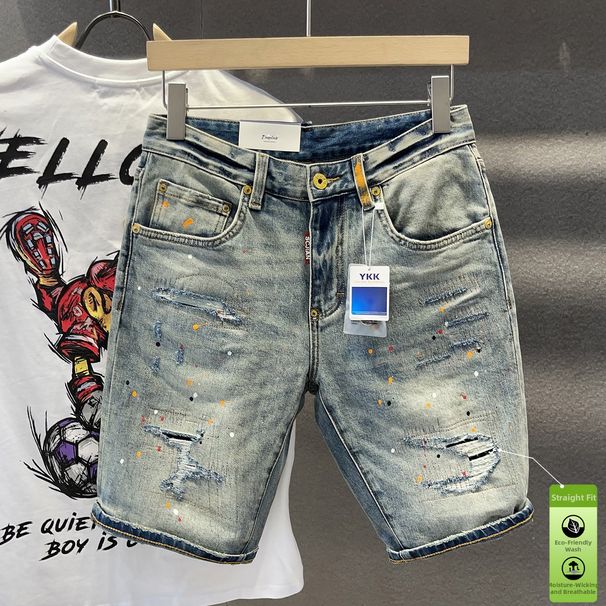 Men's Distressed Ink Splash Denim Shorts - Slim Fit Korean Style Casual Mid-Length Shorts With Soft Comfort_mkmklike.com