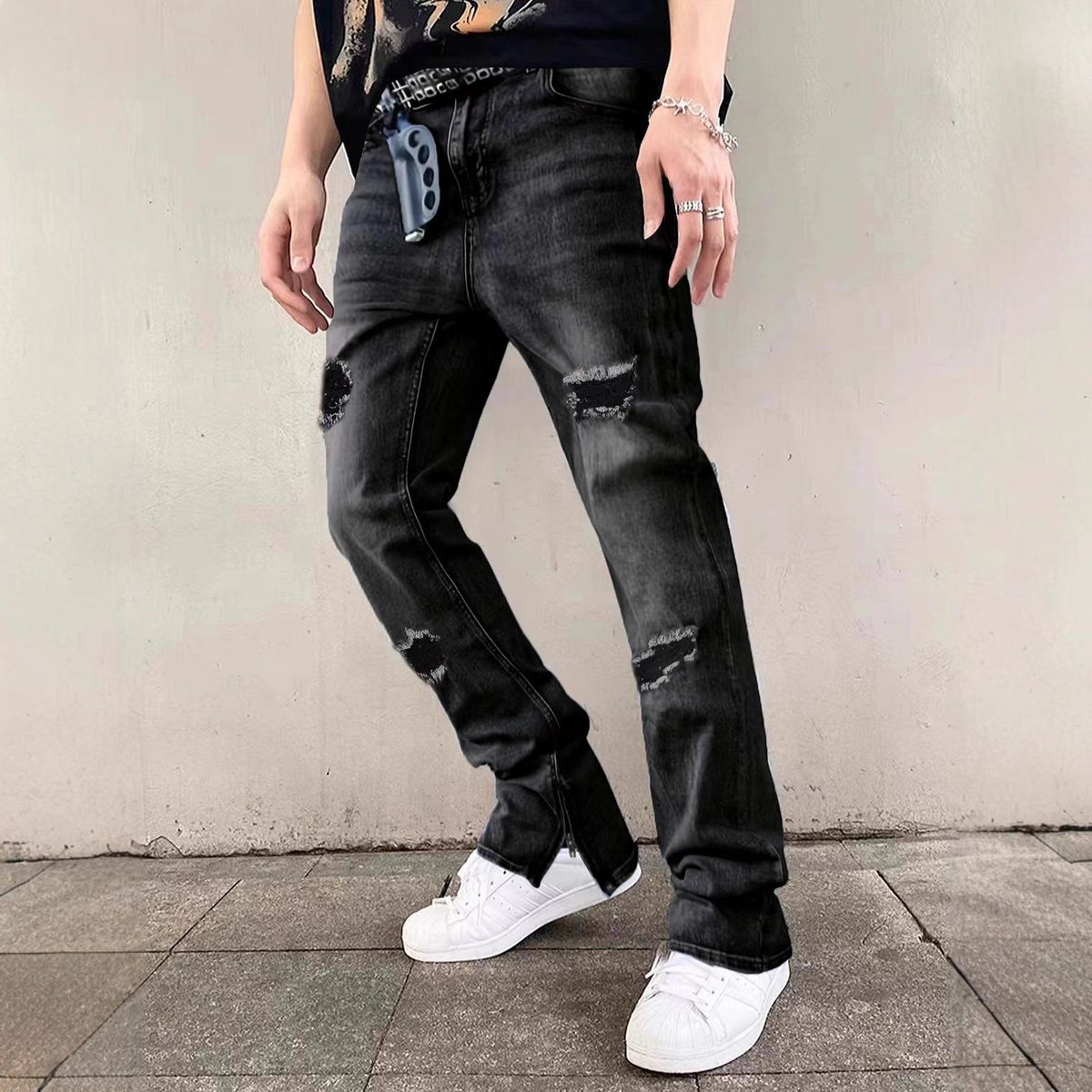 Men's Zipper Jeans, Men's Ripped Washed Denim High Street Fashion Jeans Trendy Trousers_mkmklike.com