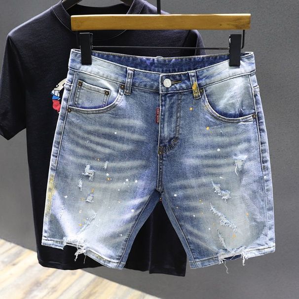 Men's Loose Fitting Thin Denim Shorts Paint Spotted Ripped Distressed Stretch Pants Culottes Riding Breeches_mkmklike.com