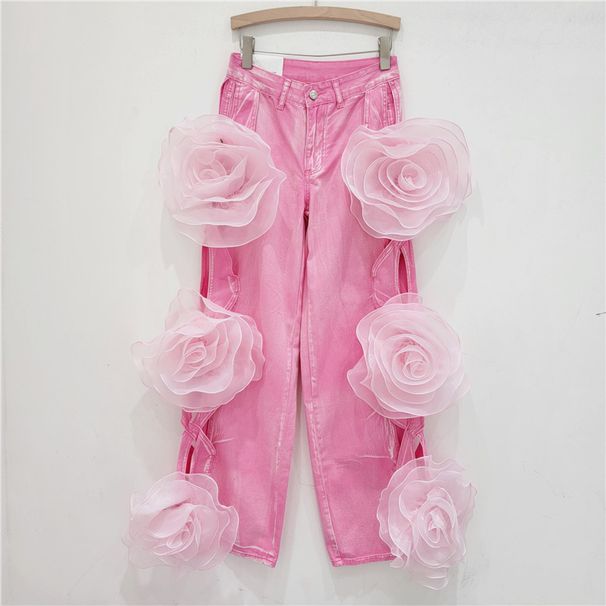 Floral Cutout High-Waisted Wide-Leg Pants - Trendy Pink Distressed Denim Palazzo Pants_mkmklike.com