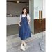 Waist Cinching Slimming Small Versatile Skirt, Mid To Long Dress, Summer New Denim Camisole Dress_mkmklike.com