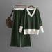 Women's Clothing autumn and winter new V neck contrast color knit sweater loose wide leg pants two piece suit_mkmklike.com