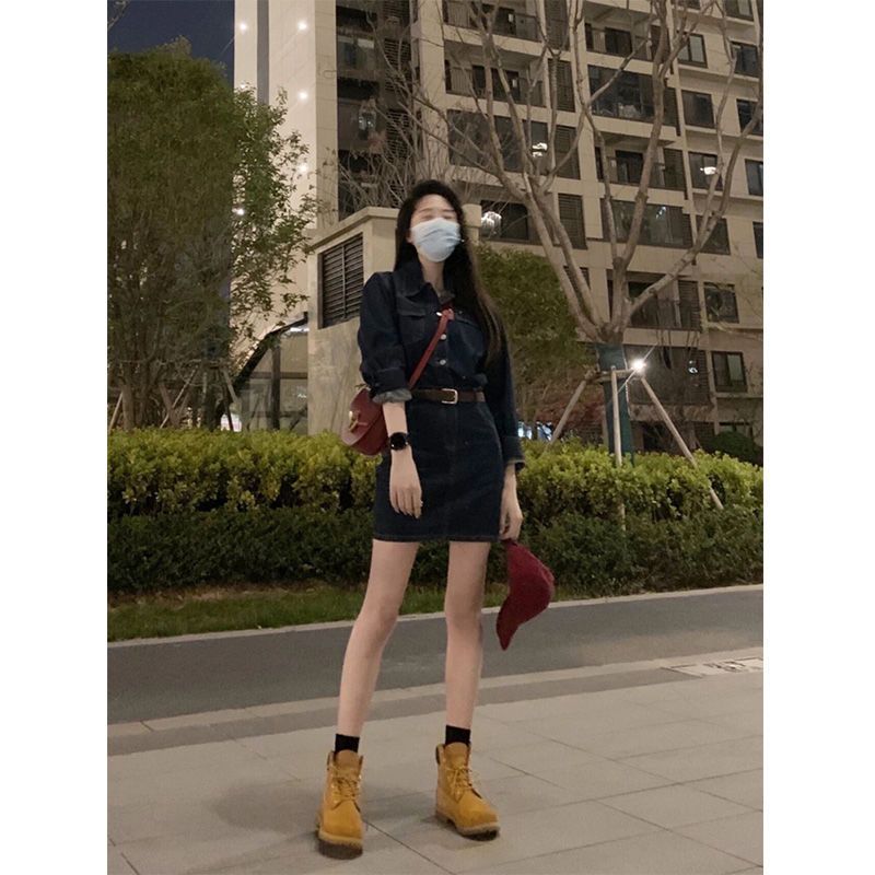 ELLE ELLE ELLE French Style Slimming Plus Size Fat One-Piece With Collar Waist Cinching Autumn And Winter New Denim Dress For Women_mkmklike.com