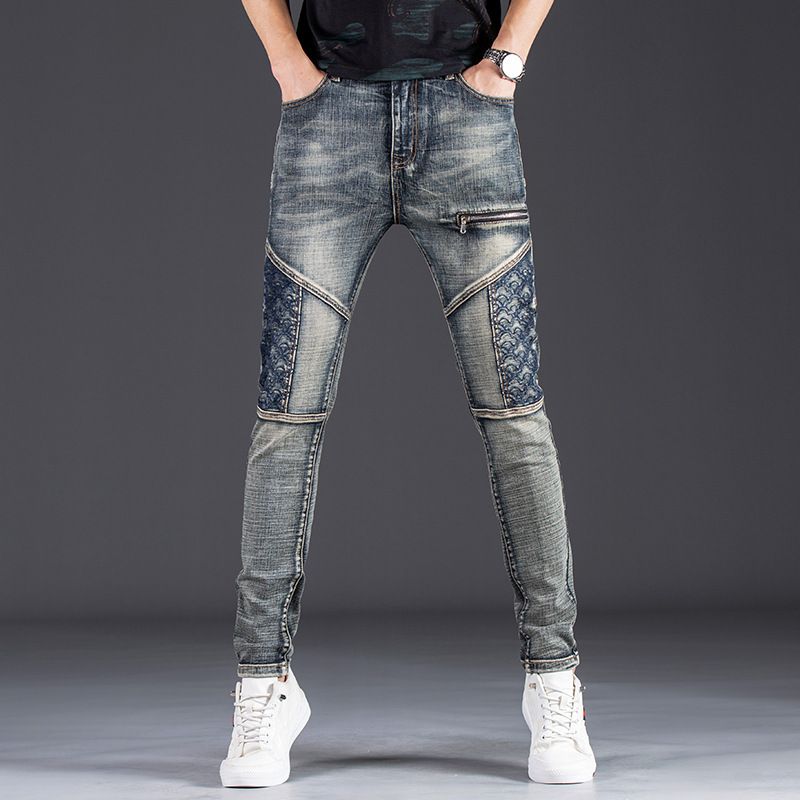 New Export In-Stock Patchwork Jeans For Men Trendy Brand Embroidered Slim Fit Casual Versatile Stretch Pants_mkmklike.com
