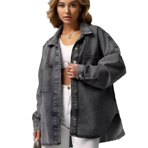 Vintage Washed Denim Jacket - Oversized Distressed Open-Front Shacket With Classic Collar_mkmklike.com