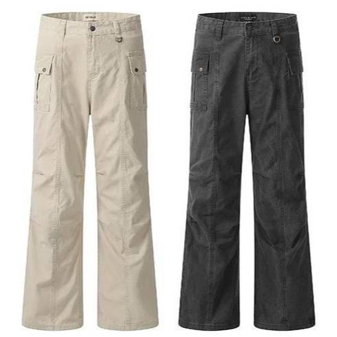 Men's Straight Leg Cargo Jeans Wrinkled Loose Fit Wide Leg High Street Style Trendy Casual Trousers_mkmklike.com