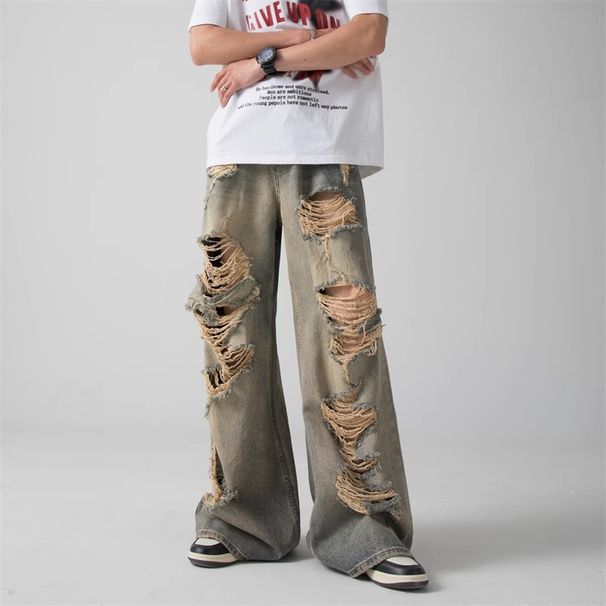 Men's Trendy Post-apocalyptic Style Ripped Jeans, Loose Straight Leg Wide-leg High Street Retro Beggar Trousers_mkmklike.com