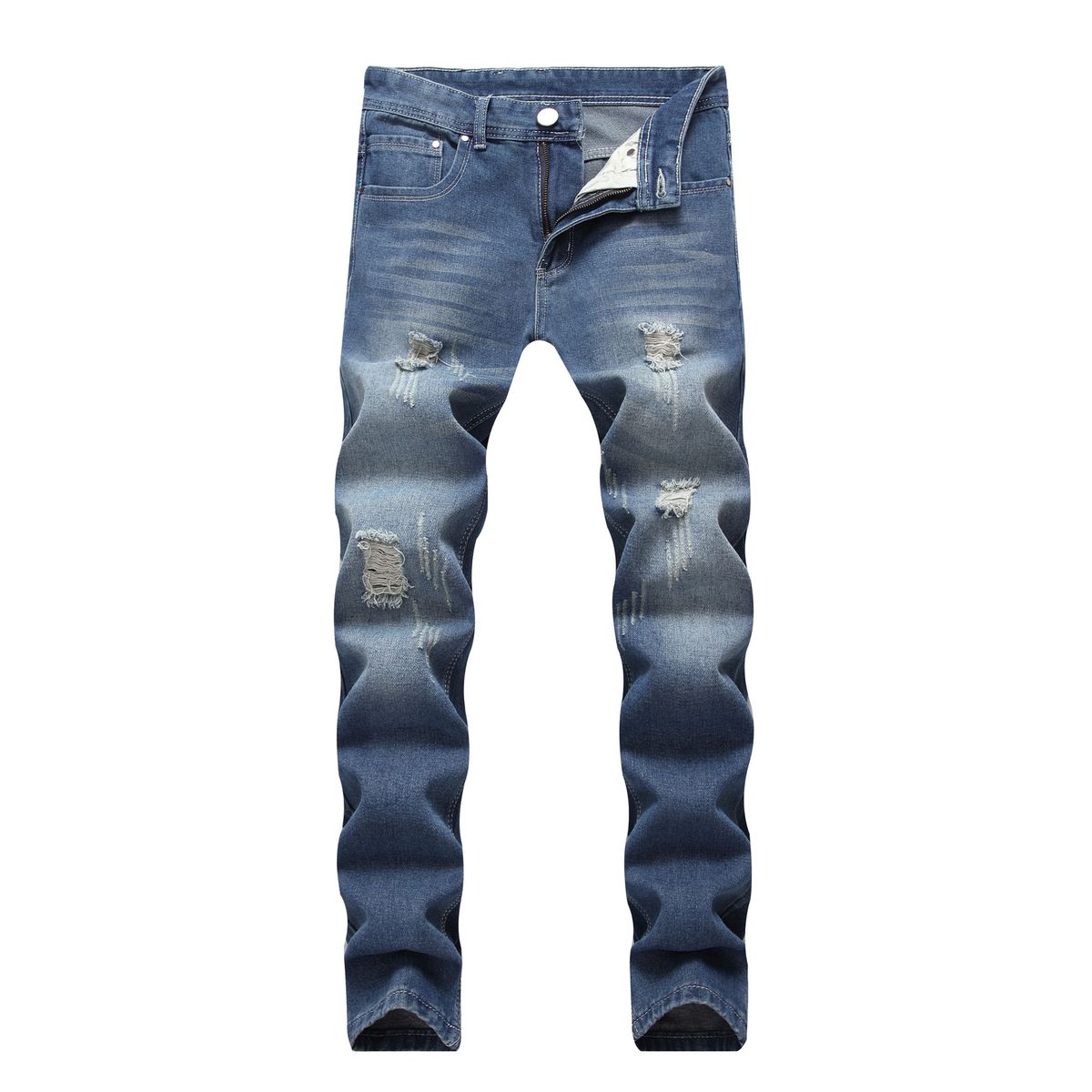 Men's Slim Straight Fit Jeans Distressed Light Blue Vintage Washed Denim with Knee Rips And Frayed Hem for Casual Streetwear_mkmklike.com