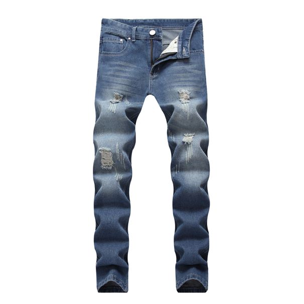 Men's Slim Straight Fit Jeans Distressed Light Blue Vintage Washed Denim with Knee Rips And Frayed Hem for Casual Streetwear_mkmklike.com