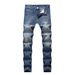 Men's Slim Straight Fit Jeans Distressed Light Blue Vintage Washed Denim with Knee Rips And Frayed Hem for Casual Streetwear_mkmklike.com