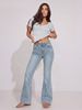 Light Blue Washed Double Button High Waist Flared Jeans for Women Slim Fit Height Enhancing Elastic Flared Pants_mkmklike.com