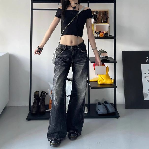 Men’s Clothing Large Size High Street Vibe Black Washed Jeans Straight Loose High Waist Slim Wide Leg Mopping Trousers_mkmklike.com