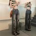 Women's Smoky Gray Wide-leg Long Pants, Summer High-waisted Straight Ripped Jeans, Loose And Slimming, Vintage_mkmklike.com