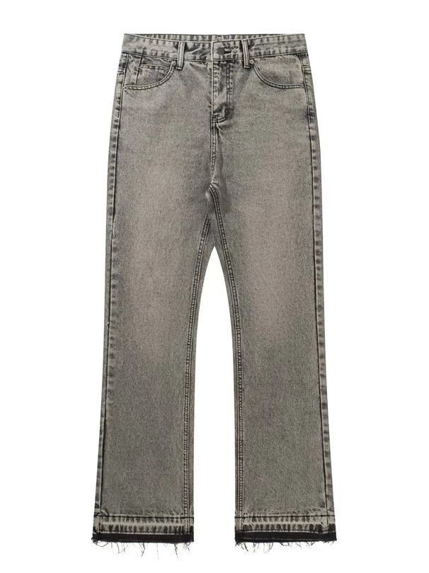 Men's Clothing Version Of The Washed Hem Tassel Slightly Flared Grey Jeans Retro High Street Vibe Style Men's Trend_mkmklike.com