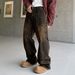 Men's Distressed Patchwork Denim Jeans - Vintage Brown High Street Style, Loose Fit Workwear Pants For Casual Streetwear_mkmklike.com