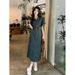 ELLE 2025 Korean Version Elegant Goddess Style Hong Kong Retro Chic Mid-Length Denim Dress Women's Summer Export_mkmklike.com
