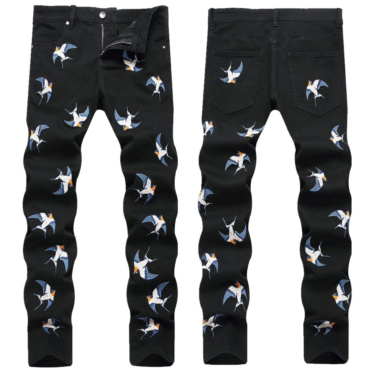 New I-Stock Autum Witer Black Deim Colorful Swallow Embroidery Me's Slim Fit Stretch Skiy Jeas Log Pats For_mkmklike.com