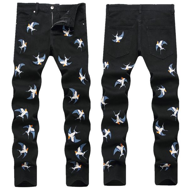 New I-Stock Autum Witer Black Deim Colorful Swallow Embroidery Me's Slim Fit Stretch Skiy Jeas Log Pats For_mkmklike.com