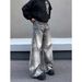 Unisex High End Gradient Curved Blade Jeans Black/Gray Retro Washed Deconstructed Loose Fitting Mid Waist Wide Leg Trousers_mkmklike.com