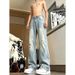 Men's Ripped Straight Leg Jeans Diagonal Cut Loose Fit Summer Style American High Street Trendy Slightly Flared Long Pants_mkmklike.com