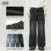 Men's Retro Black And Gray Elastic Waist Jeans Loose Straight Leg Wide Leg Floor Length Pants Unisex_mkmklike.com
