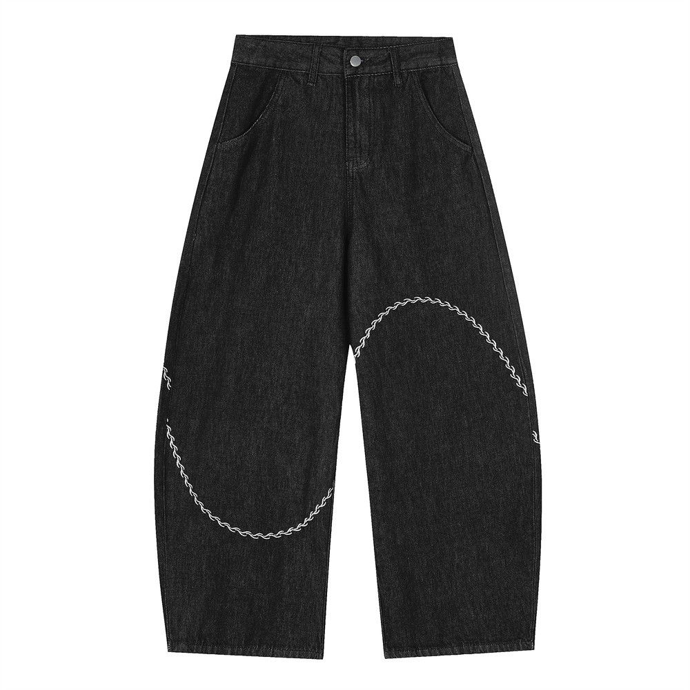 Loose Fit Scimitar Jeans For Men Irregular Line Embroidery Design Sense Personality Casual Wide-Leg Long Pants Trendy_mkmklike.com