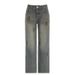 Vintage Washed Print Jeans Women's Low-Rise Loose Fit Distressed Flare Boho Streetwear Casual Long Pants_mkmklike.com