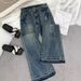 Women's Vintage Low-Rise Flared Jeans Retro Blue Distressed High-Waisted Stretch Denim Pants with Embroidery_mkmklike.com