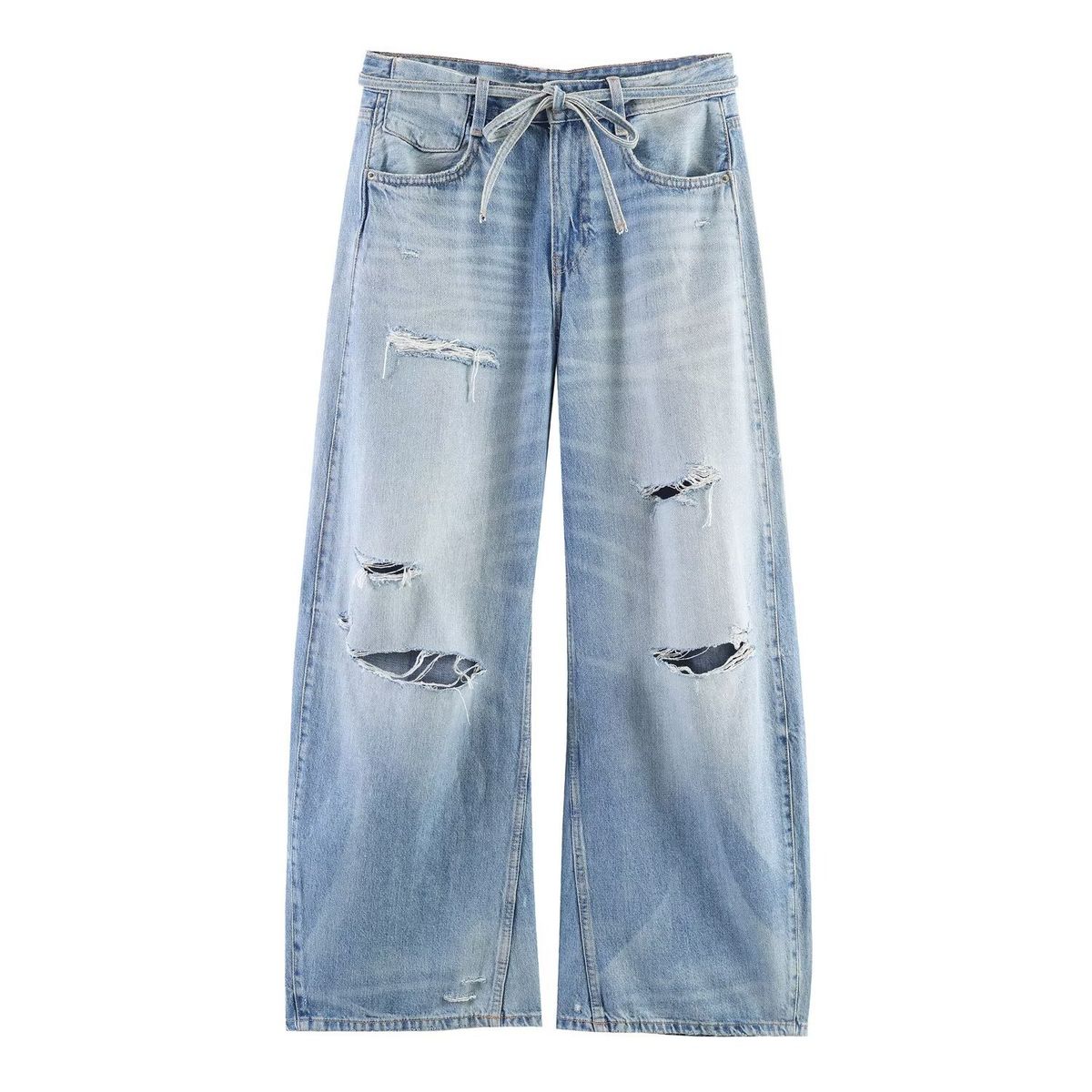 Women's Distressed Mid-Rise Relaxed Fit Wide-Leg Jeans, Ripped Denim Pants For Casual Street Style Comfortable Mid-Rise Relaxed Waistband_mkmklike.com