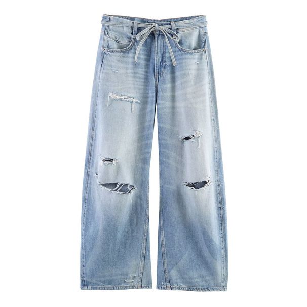 Women's Distressed Mid-Rise Relaxed Fit Wide-Leg Jeans, Ripped Denim Pants For Casual Street Style Comfortable Mid-Rise Relaxed Waistband_mkmklike.com