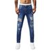 Men's Slim Fit Ripped Jeans Classic Blue Distressed Denim Pants With Tapered Leg_mkmklike.com